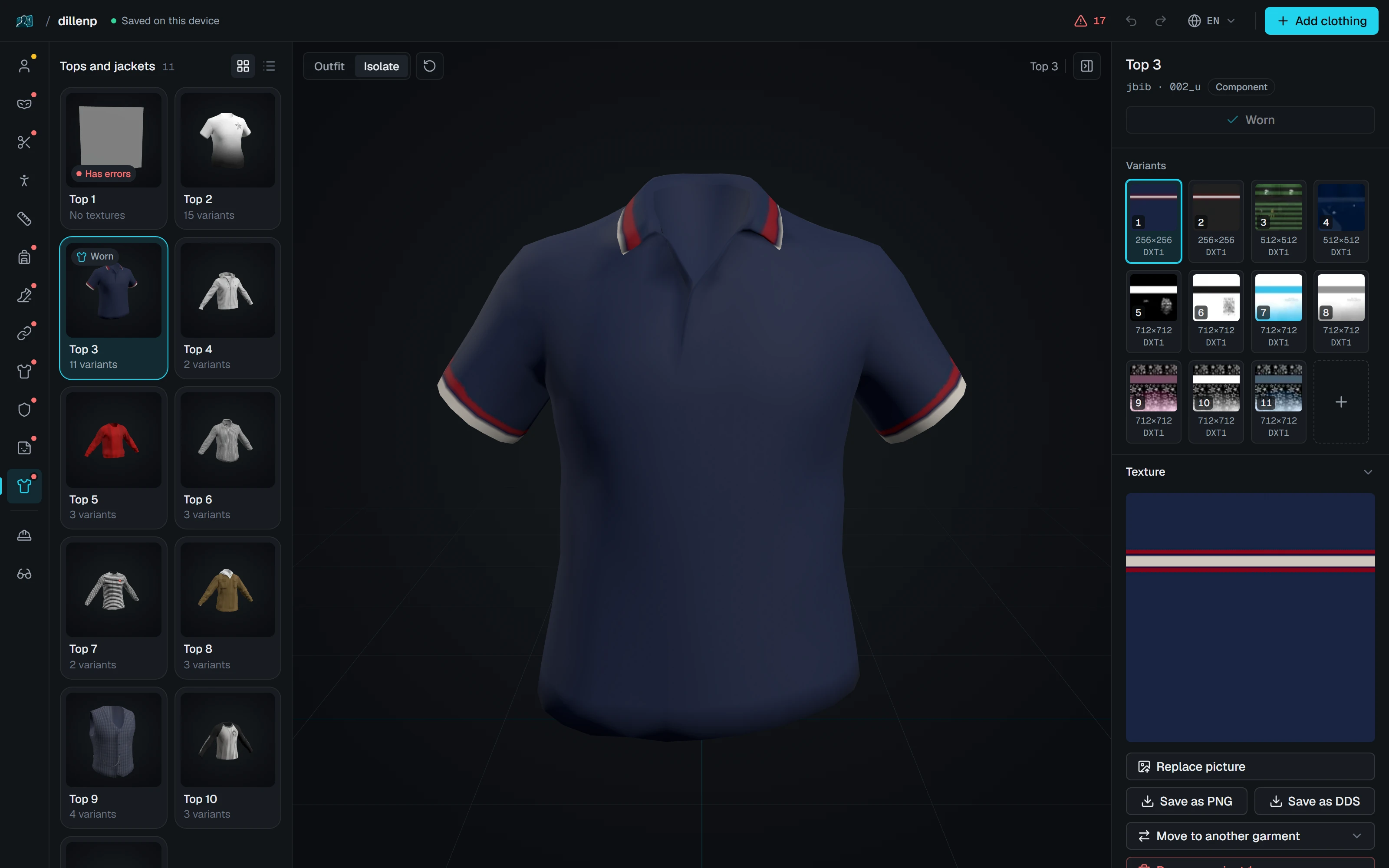 A navy polo on its own, in the Isolate view, large enough to see the collar and the red and white trim on the sleeves.