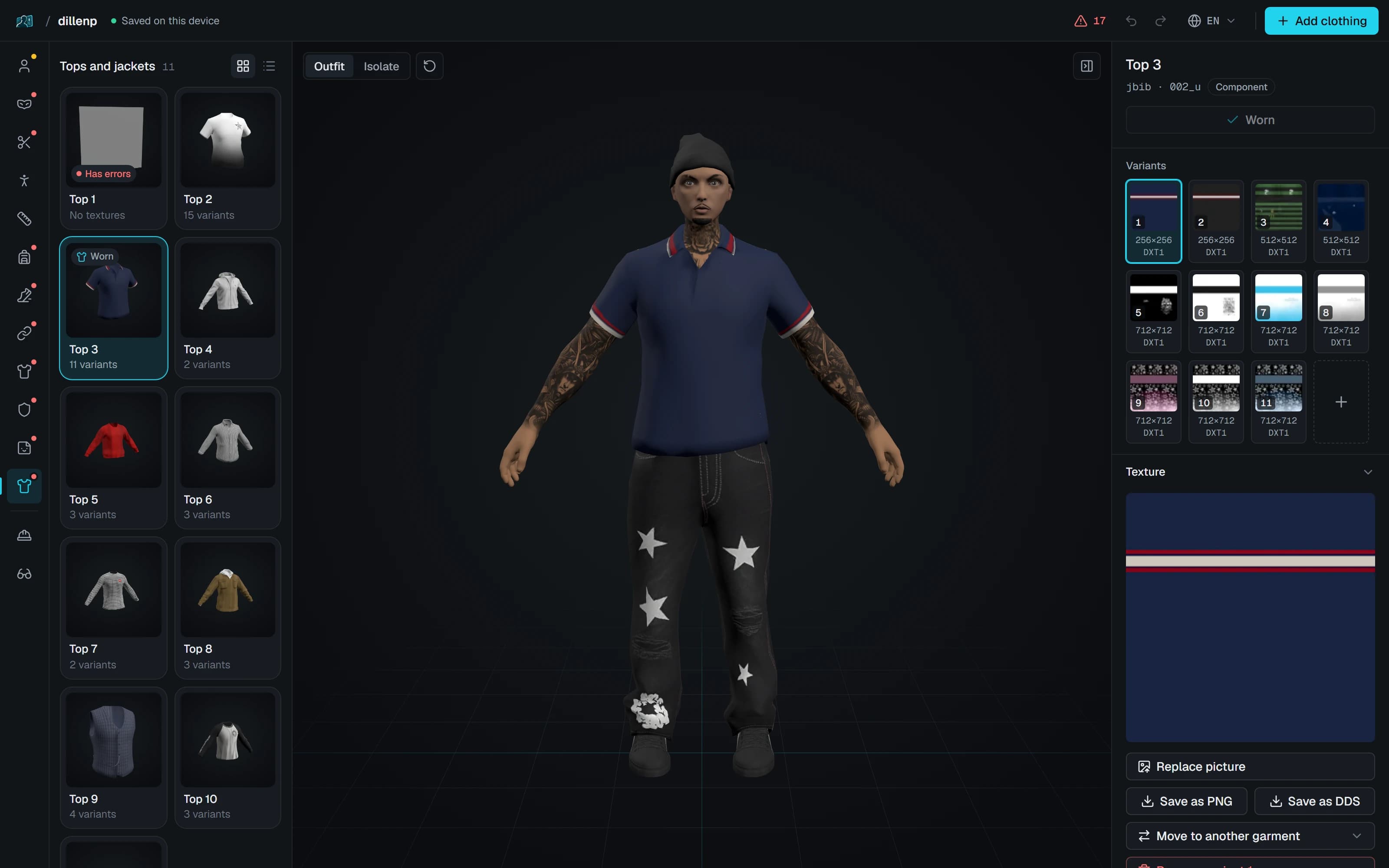 The PedForge editor with a ped in a navy polo, black jeans and a beanie on the 3D stage. The tops are listed on the left, and the polo’s 11 variants and its texture on the right.