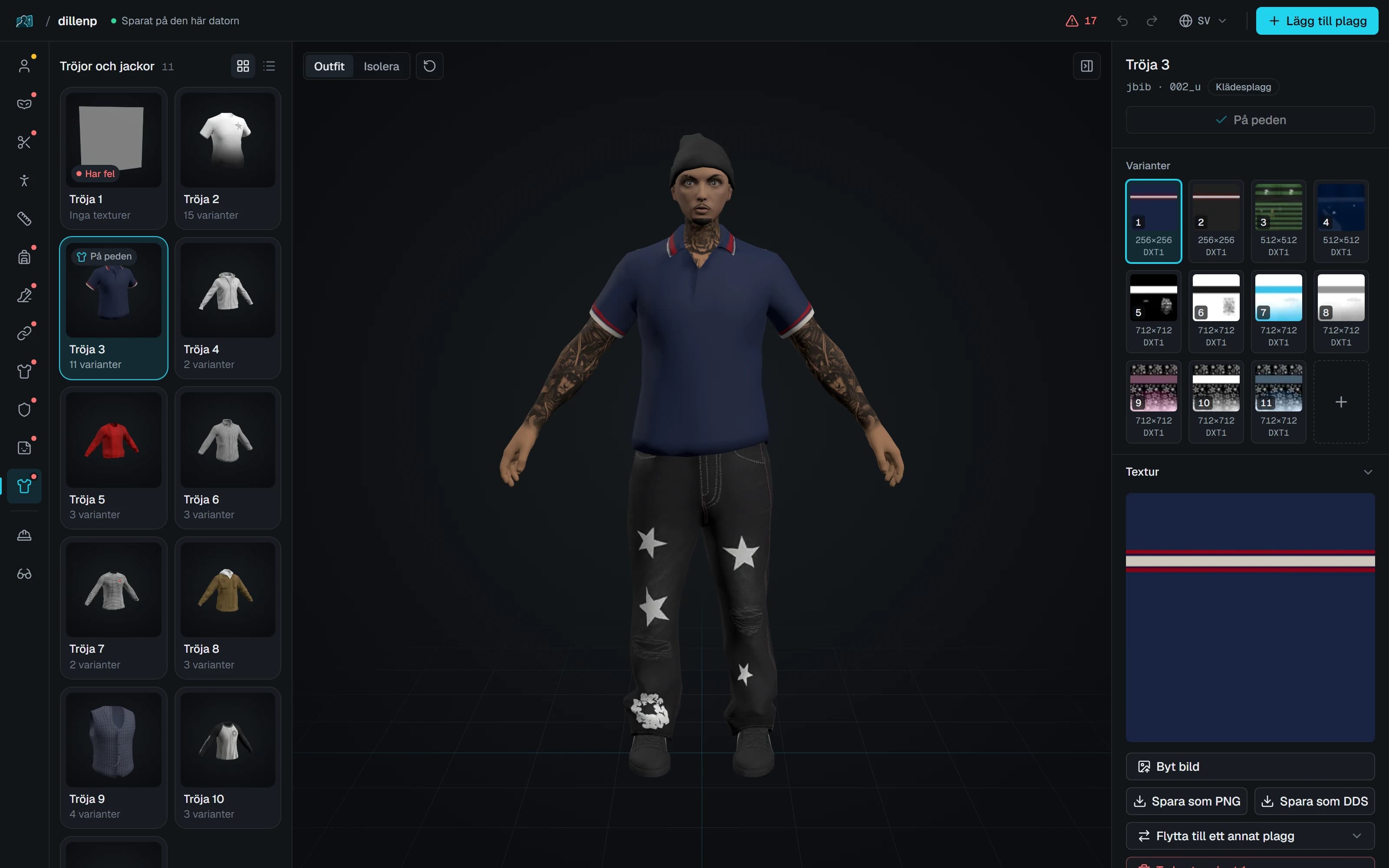 PedForges editor med en ped i marinblå pikétröja, svarta jeans och mössa på 3D-scenen. Tröjorna listas till vänster, och pikétröjans 11 varianter och dess textur till höger.